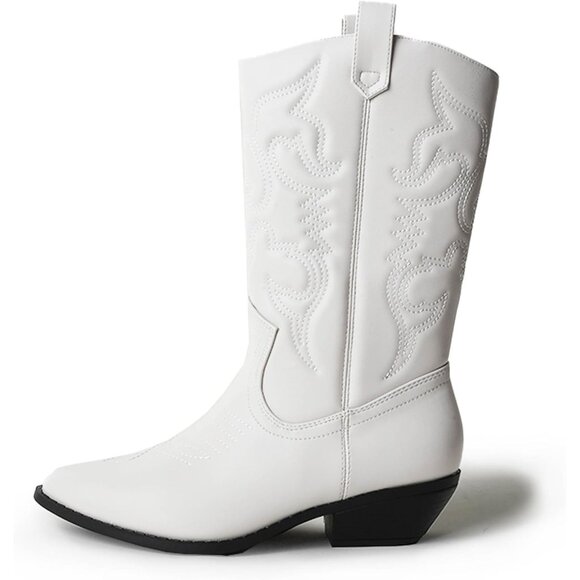 Women Polyurethane White Mid Calf Low Heel Pointed Toe Cowgirl Western Boot - Picture 2 of 9